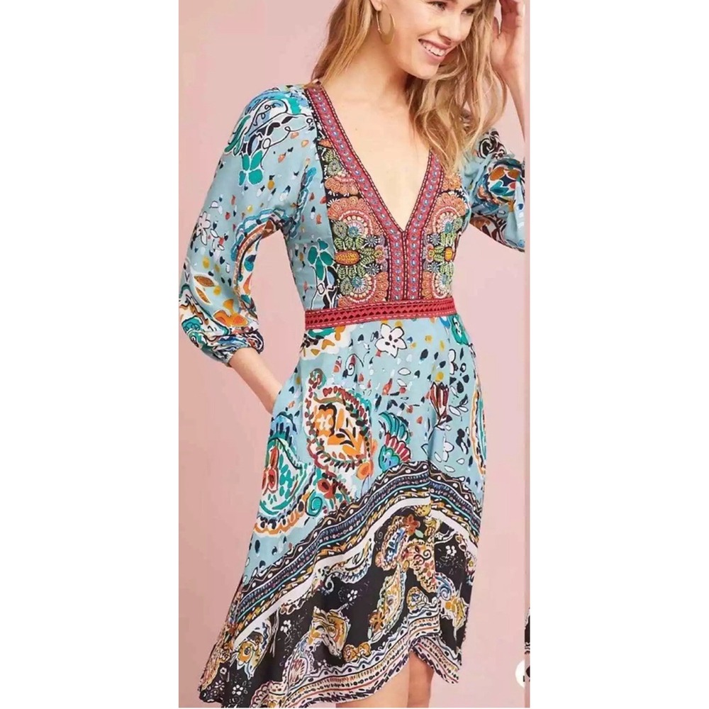 Anthropologie Sky Blue Paisley Floral Midi Dress with Pink Trim